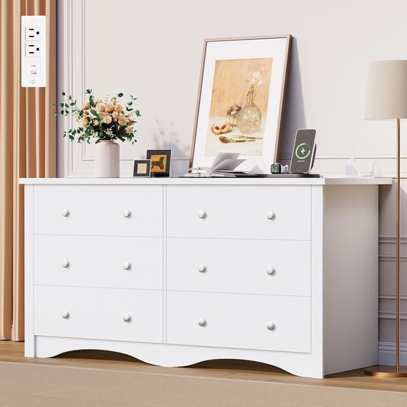 Flamaker 6 Drawer Dresser with Power Outlet, Modern Wooden Chest of Drawers, Multipurpose TV Stand & Closet for Bedroom, Living Room, Hallway(White)