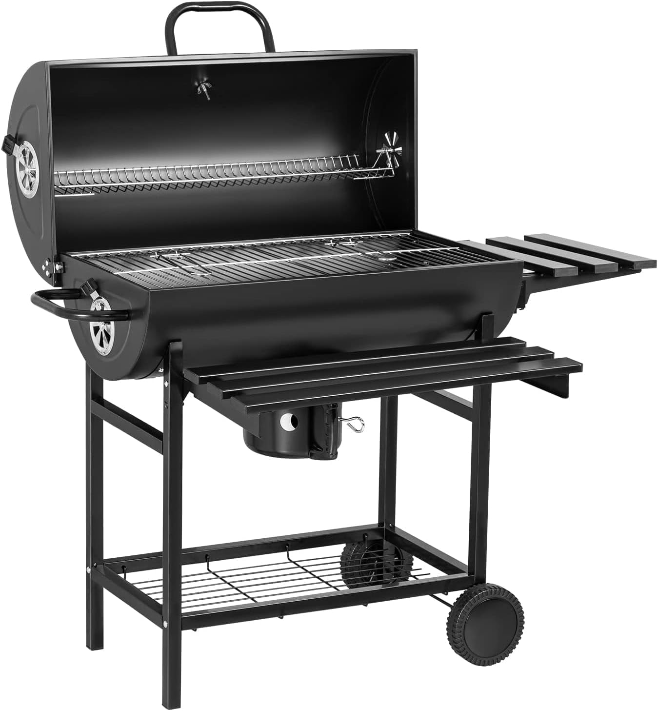 Flamaker Charcoal Grill Barrel style BBQ Charcoal Grill with Three Item Racks Thermometer Double-Layer Chrome-Plated Iron Baking Pan Ash Catcher for Camping Outdoor BBQ