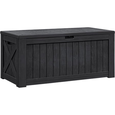 Flamaker Deck Box with Cushion 100 Gallon Waterproof Resin Storage Box with Air Rod Indoor Outdoor Lockable Storage Bench for Patio Furniture, Tools, Pool Accessories (Black)