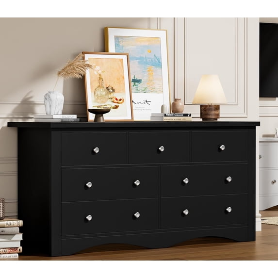 Flamaker Dresser for Bedroom, 7 Drawer Dresser, Wood Dressers, Wide Chest of Drawer, Storage Drawers, Black Storage Organizer for Closet, Hallway (Black)