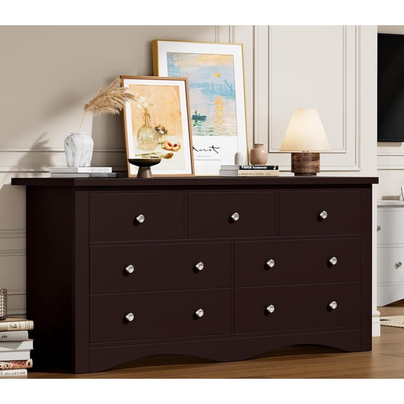 Flamaker Dresser for Bedroom, 7 Drawer Dresser, Wood Dressers, Wide Chest of Drawer, Storage Drawers, Black Storage Organizer for Closet, Hallway (Brown)