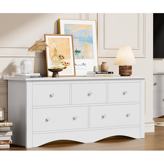 Flamaker Dresser for Bedroom, 5 Drawer Dresser, Wood Dressers, Wide Chest of Drawer, Storage Drawers, Storage Organizer for Closet, Hallway (White)