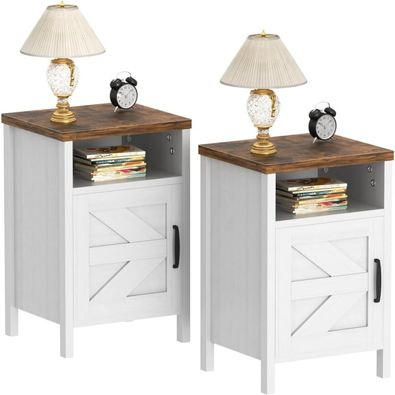Flamaker End Table, Nightstand Set of 2, Modern Bedside Table with Barn Door and Open Wood Shelf, Side Table for Small Spaces, Bedroom (White)