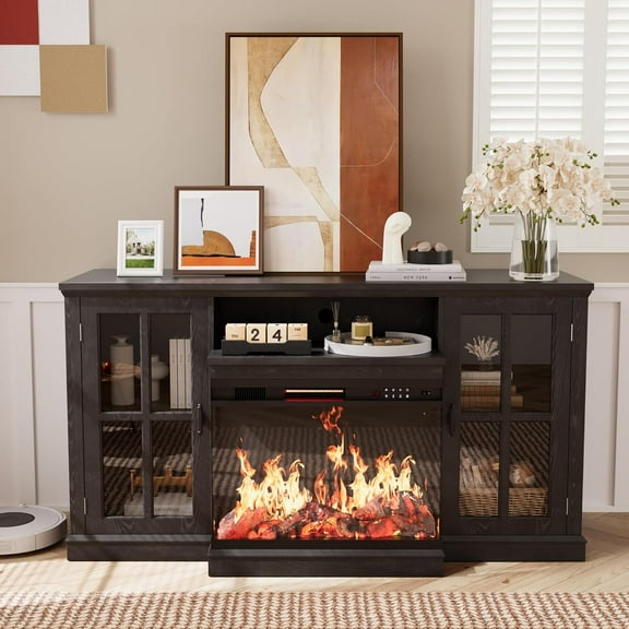 Flamaker Fireplace TV Stand for TVs up to 65'', 3-Sided Glass Media Entertainment Center Console with Storage, Adjustable Flame LED Color for Living Room (Black)