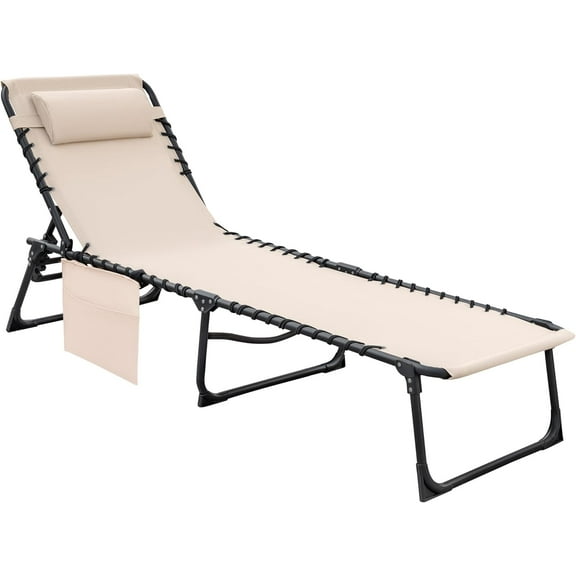 Foldable Chaise Lounge Chair with Adjustable Positions and Side Pocket, for Indoor and Outdoor Use