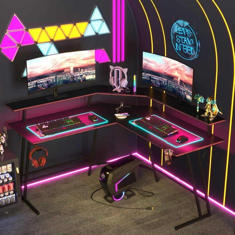 L Shaped Gaming Desk with Led Lights & Power Outlet, Corner