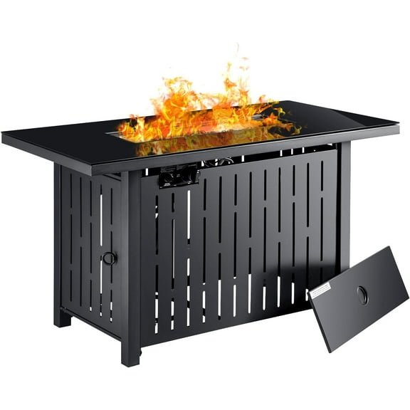 Flamaker Gas Fire Pit Table 43 inch 50000 BTU Outdoors Gas Propane Firepits with Tempered Glass Desktop, Lid & Lava Rock and Waterproof Cover for Deck, Backyard, Patio