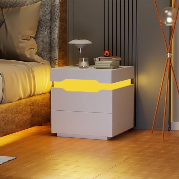 Flamaker LED Nightstand with Charging Station, End Table with 2 Drawer Storage Cabinet, Bedside Table with Sliding Top for Bedroom and Living Room (White)