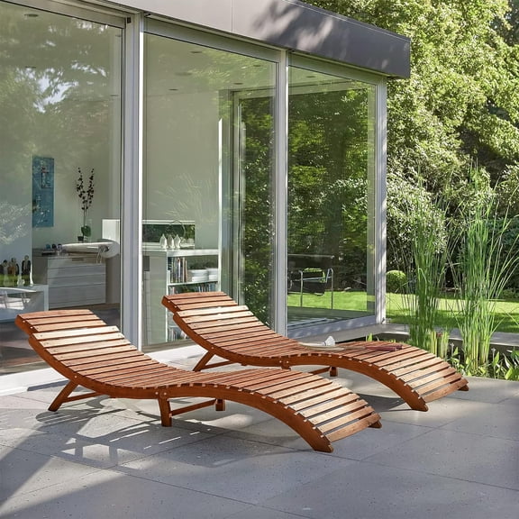 Flamaker Lounge Chairs for Outside Folding Acacia Wood Chaise Lounge with Side Handle Sun Lounger for Poolside, Lawn, Backyard (2 Piece)