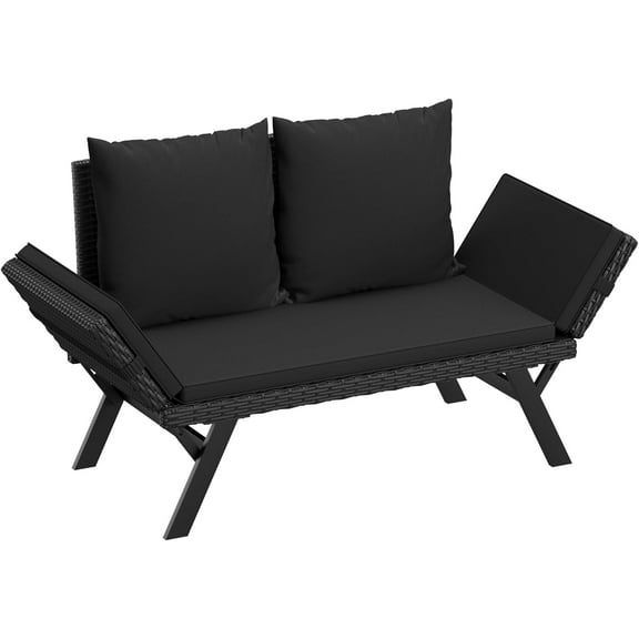 Flamaker Outdoor Convertible Sofa, Woven Rattan Patio Furniture Sunbed with Adjustable Armrests, Removable Cushions and Pillows for Patio, Porch, Pool (Black Lounger & Black Pillowcase)