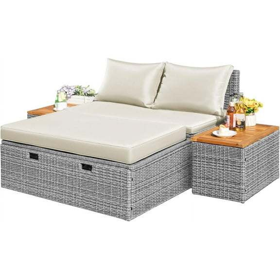 Flamaker Outdoor Rattan Lounge Chair with 2 Side Tables, Multifunctional Outdoor Patio Daybed with Footrest, Cushions, Storage Ottoman,Chaise Lounge Chair for Backyard Porch Poolside(Beige)
