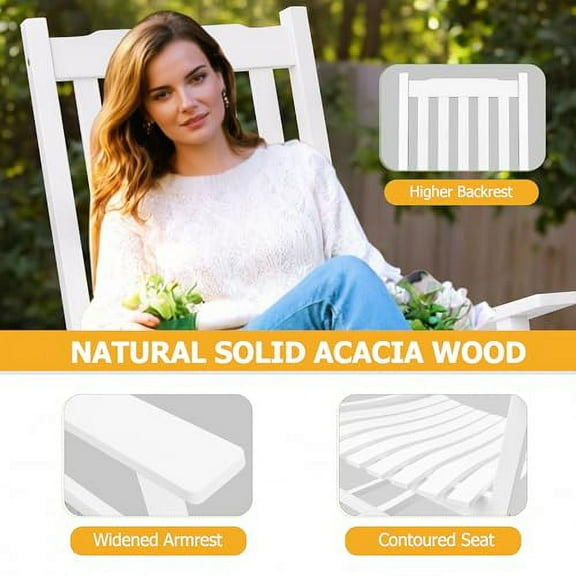 Flamaker Outdoor Rocking Chair Oversized Wooden Patio Chairs with Widened Armrest High Back Porch Rocker for Lawn, Garden, Backyard, Fire Pit (White)