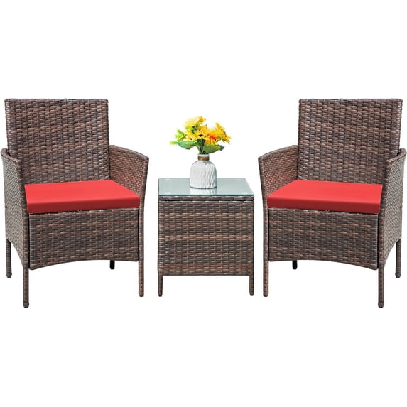 Flamaker Patio Furniture Set 3 Pieces All-Weather Rattan Outdoor Furniture Patio Chairs with Tempered Glass Table for Porch Bistro Balcony (Brown/Red)