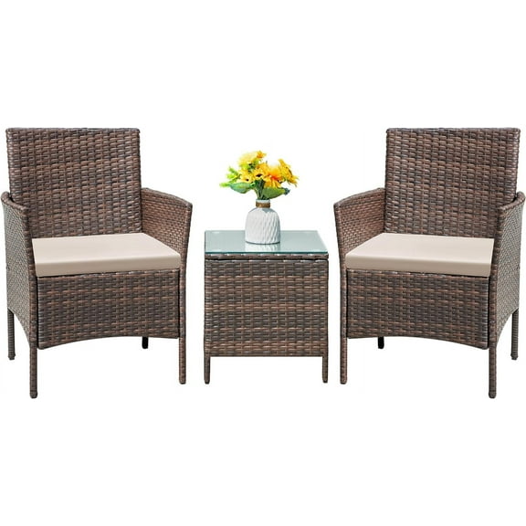Flamaker Patio Furniture Set 3 Pieces All-Weather Rattan Outdoor Furniture Patio Chairs with Tempered Glass Table for Porch Bistro Balcony (kklfec/Cream)
