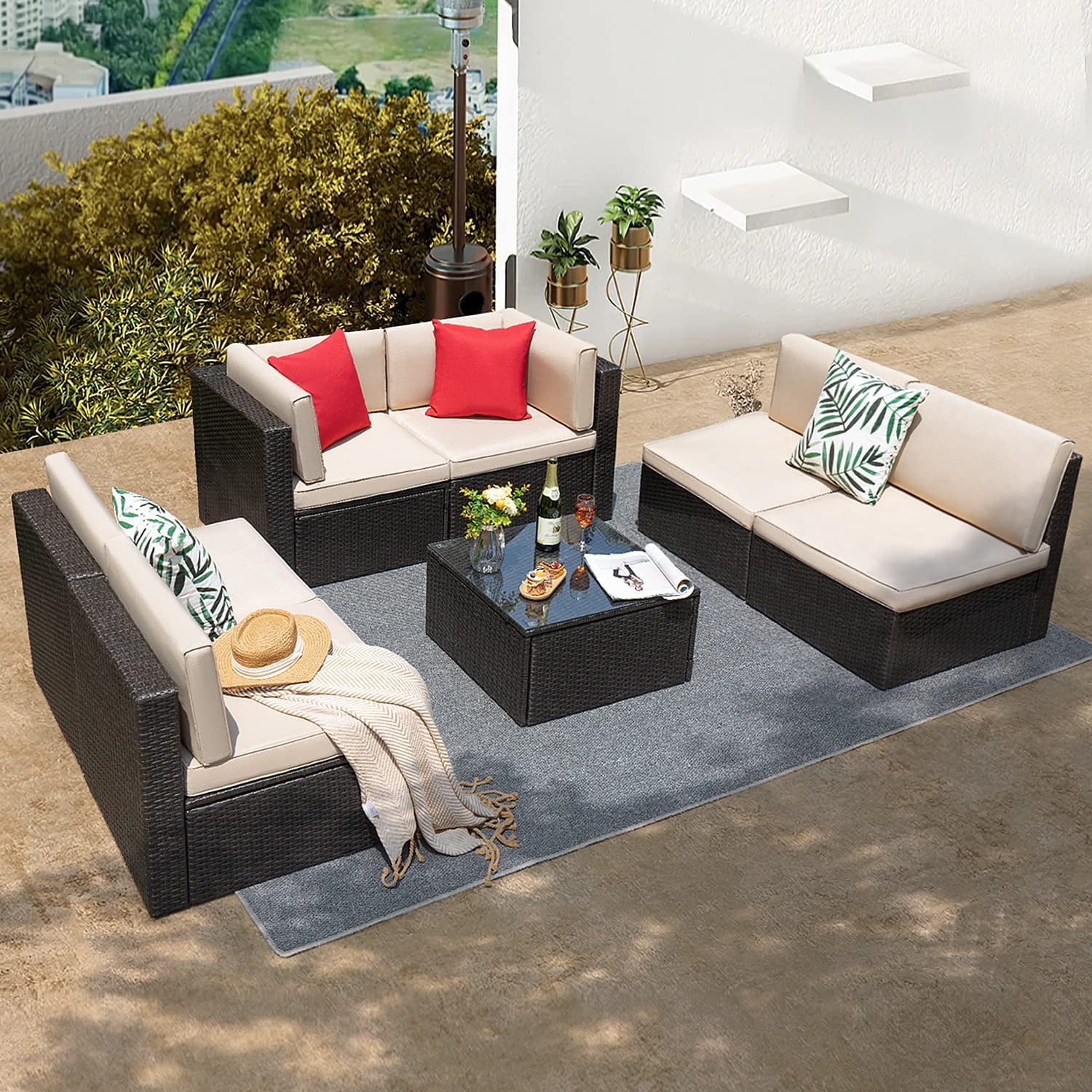 Flamaker Patio Furniture Set 5 Piece Outdoor Wicker Sectional Sofa