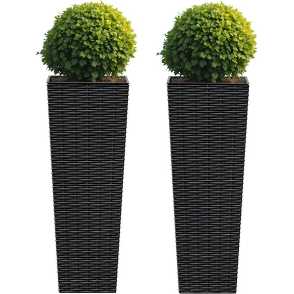 Flamaker Resin Rattan-Design Planters Set of 2, 24'' Tall Flowerpot with Additional Pot for Soil, Durable Weather-Resistant Planter with Drainage Holes for Garden, Patio, Backyard (Black, Small)
