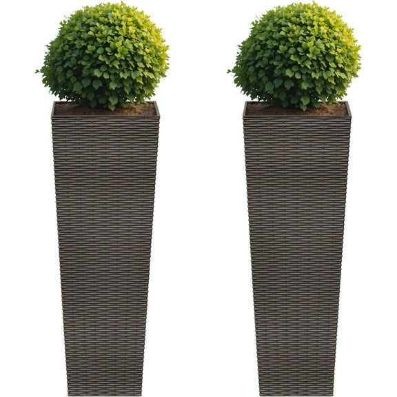 Flamaker Resin Rattan-Design Planters Set of 2, 32'' Tall Flowerpot with Additional Pot for Soil, Durable Weather-Resistant Planter with Drainage Holes for Garden, Patio, Backyard (Brown, Large)