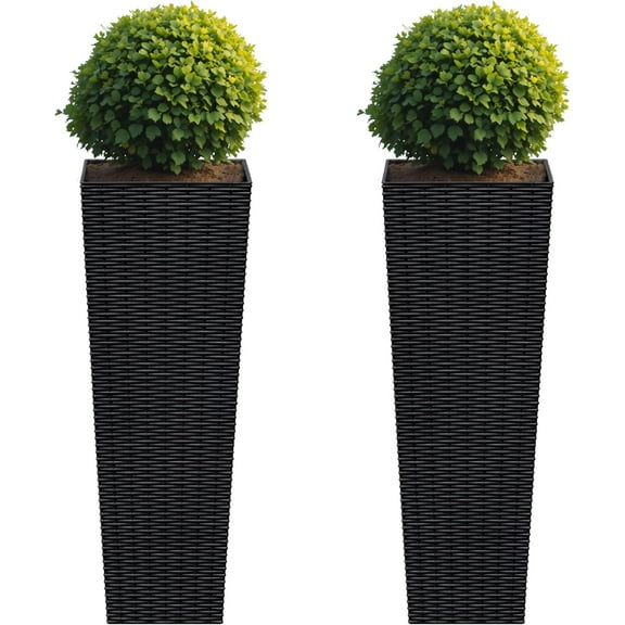 Flamaker Resin Rattan-Design Planters Set of 2, 32'' Tall Flowerpot with Additional Pot for Soil, Durable Weather-Resistant Planter with Drainage Holes for Garden, Patio, Backyard