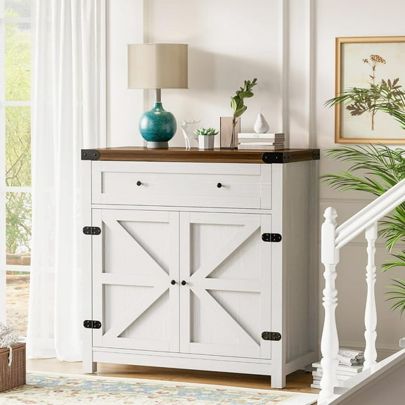 Flamaker Sideboard Buffet Cabinet with Storage, Farmhouse Coffee Bar Cabinet with 1 Drawer and 2 Barn Doors, Barn Door Console Table, Storage Cabinet for Kitchen, Dining Room, Entryway (White)