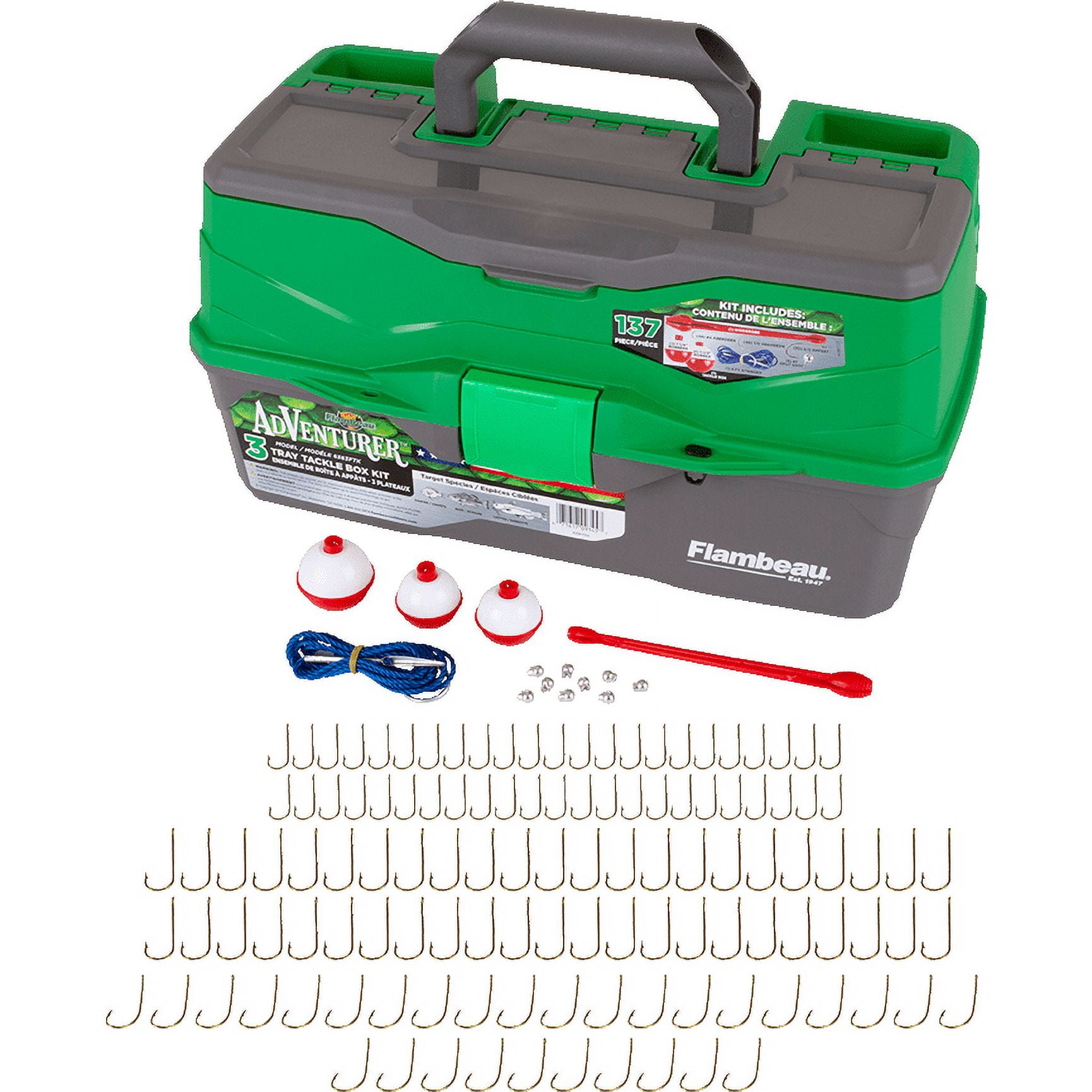 Flambeau Outdoors, Adventurer 137 Piece Fishing Kit, Classic Three Tray  Tackle Box, 16inches long, Plastic, Green