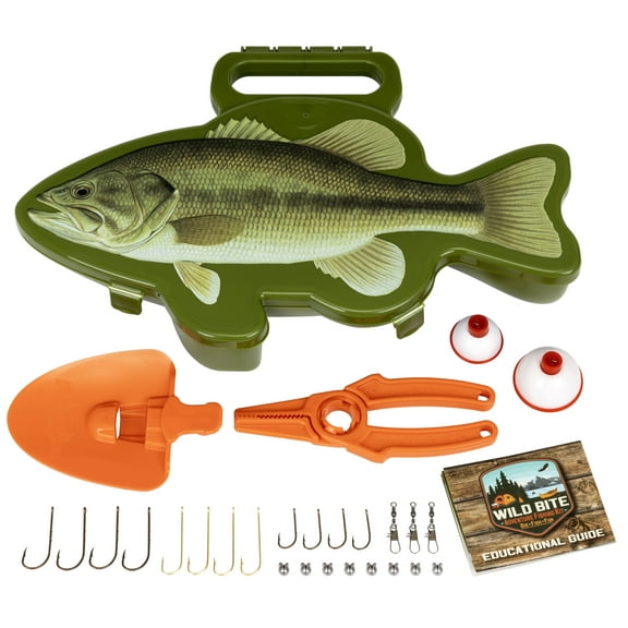 Flambeau Outdoors, Wild Bite Bass 25 Piece Kids Tackle Box Kit, Fishing Tackle Box, Plastic, 10.75in
