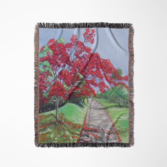 Flamboyan Tree Near Dirt Road, Woven Blanket