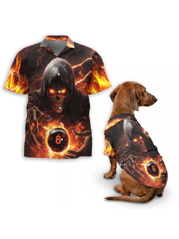 Flame 9 Ball Billiard Hawaiian Shirt, Fiery Skull Pool Ball Print Button Down Shirt for Adults or Dogs, Short Sleeve Summer Shirt