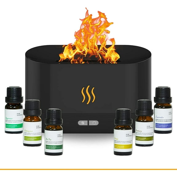 Flame Air Diffuser One Color Led Humidifier Aromatherapy Black LEOM, 6 Essential Oils Lavender, Rosemarry, Mint, Lemon Grass, Orange, Tea Tree