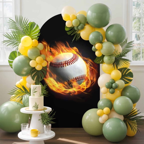 Flame Baseball Arch Backdrop Cover, 4FT, Sports Black Background Abstract Art Spandex Arch Covers Double-Sided Backdrop for Wedding Birthday Party Photo Background Decoration