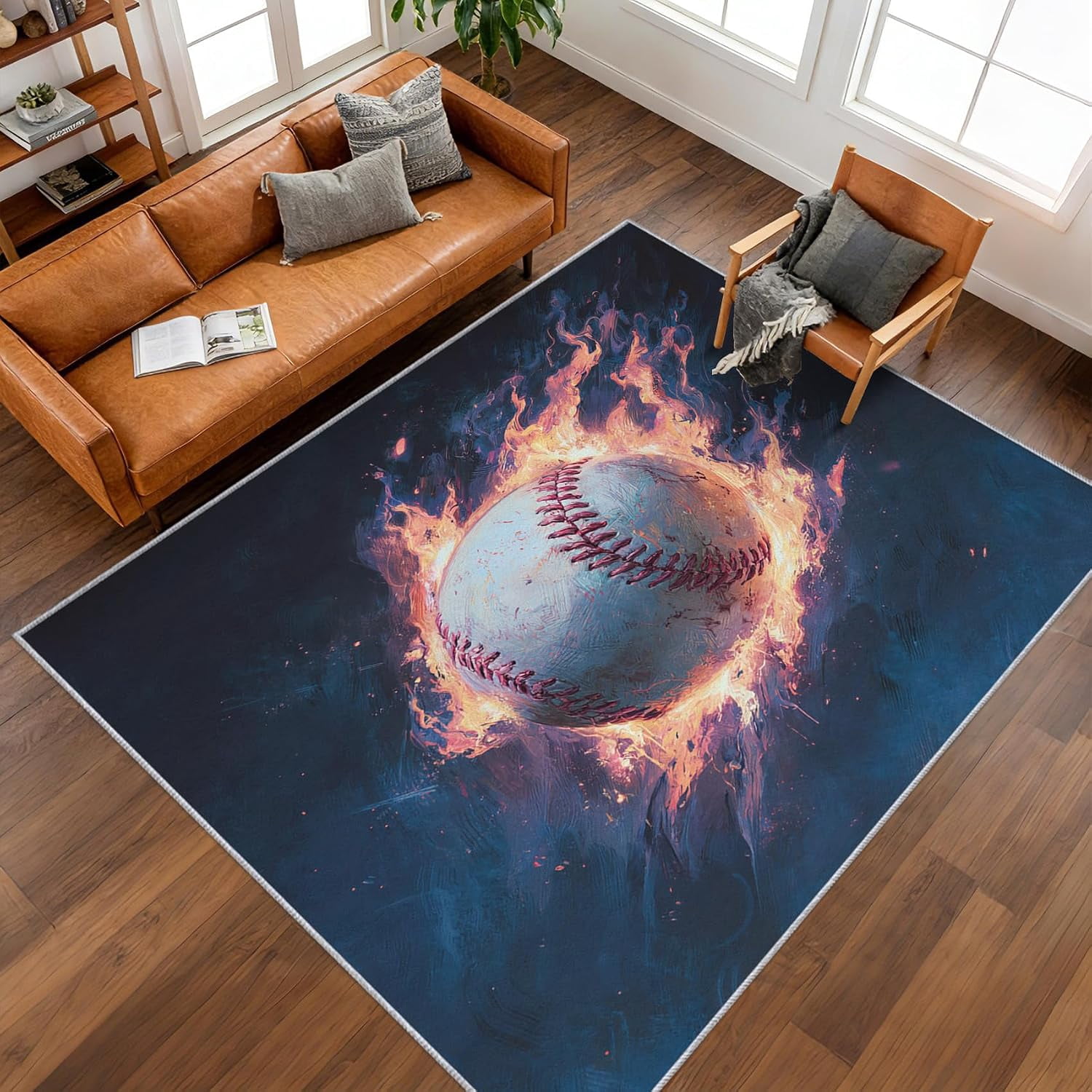 Flame Baseball Area Rugs, Red Black Baseball Sport Pattern Carpet ...