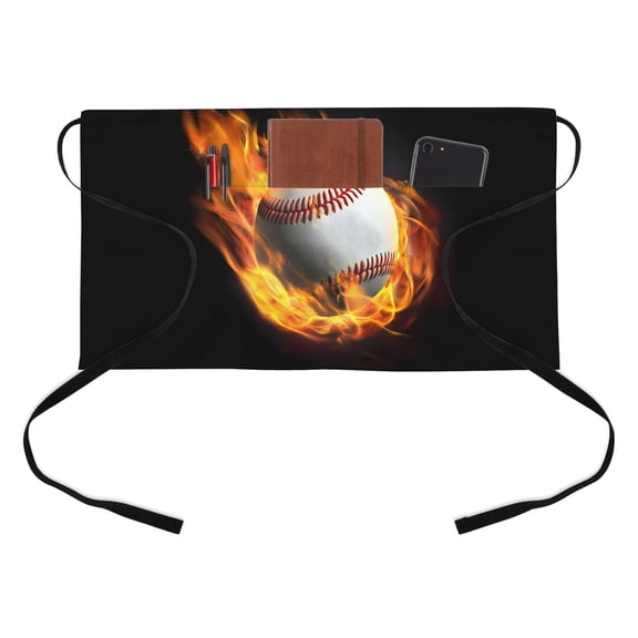Flame Baseball Half Waist Apron Sports Black Background Abstract Art Short Waiter Aprons with 3 Pockets for Women Men Kitchen Restaurant Cooking