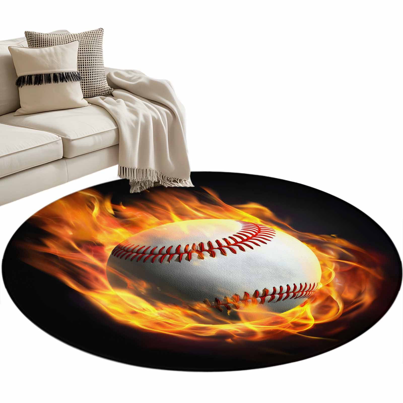 Flame Baseball Round Area Rug 3ft Sports Black Background Abstract Art ...