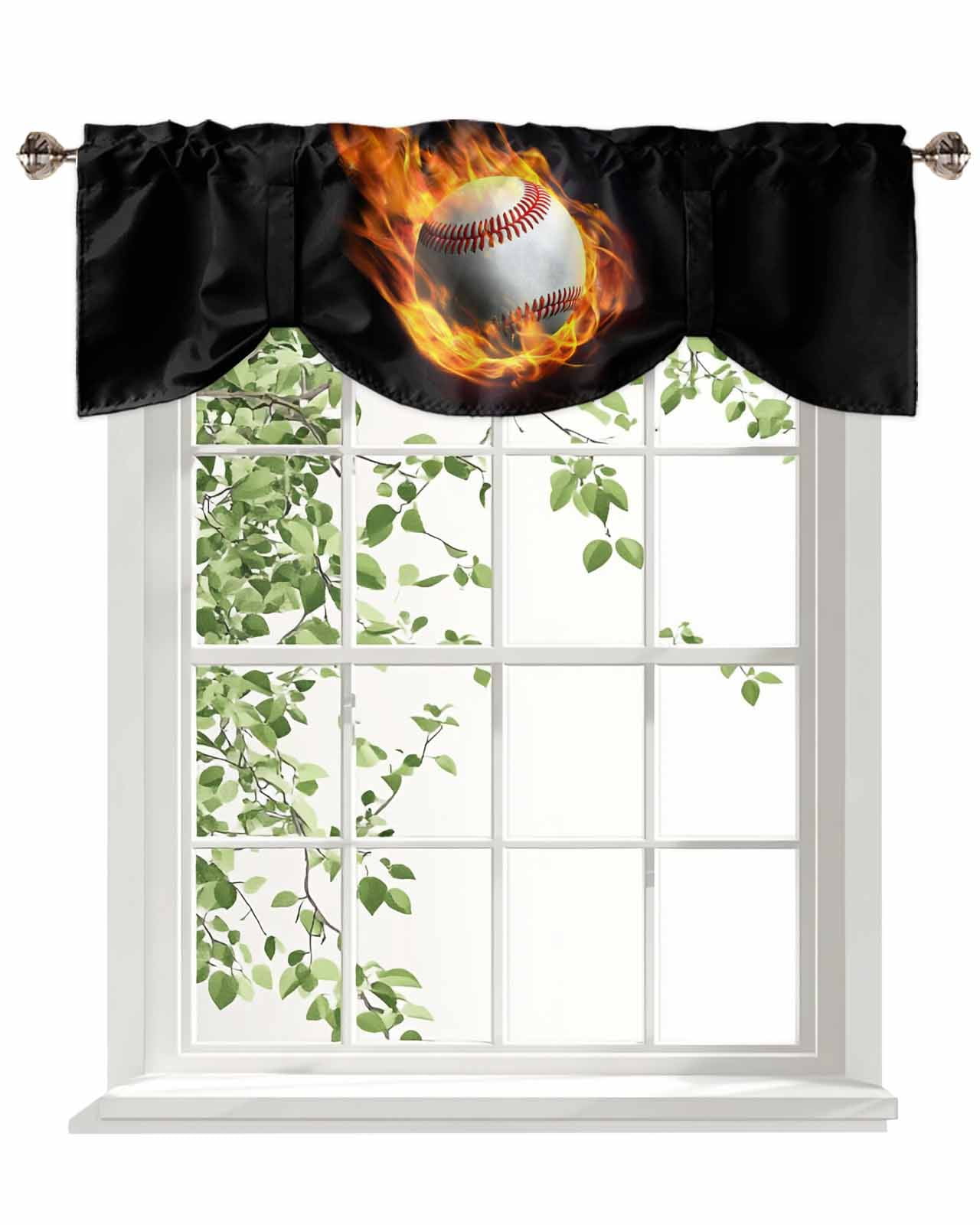 Flame Baseball Tie Up Valances Curtain, Adjustable Kitchen Sports Black Background Abstract Art Valances for Windows Decor, Rod Pocket Short Curtains Set for Bedroom/Bathroom, 54"x18"