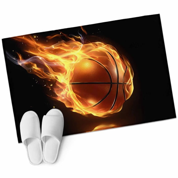 Flame Basketball Area Rug 2x3ft Sports Black Background Abstract Art Non-Slip Washable Square Rugs Soft Felt Indoor Floor Mat for Bedroom Kitchen Living Room Bathroom