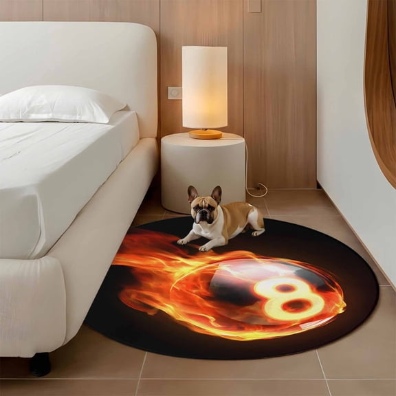 Flame Billiards 3ft Round Rug for Bathroom Accent Bedside Corner, Sports Black Background Abstract Art Washable Non Slip Circle Area Rug for Small Spaces