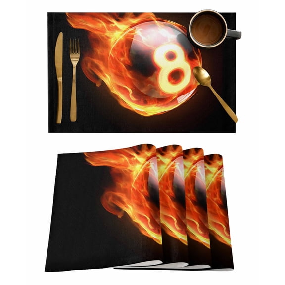 Flame Billiards Placemats Set of 2 Sports Black Background Abstract Art Heat Insulation Washable Place Mats, Rustic Non-Slip Table Mats for Dining Table Party Kitchen Decor,13x19 Inch