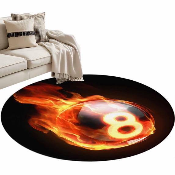Flame Billiards Round Area Rug 3ft Sports Black Background Abstract Art Non-Slip Washable Circle Rugs Soft Felt Indoor Floor Mat for Bedroom Kitchen Living Room Bathroom