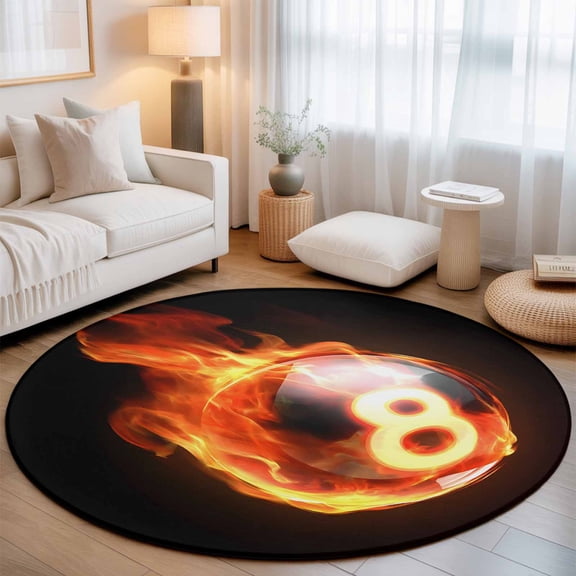 Flame Billiards Small Round Rug 3Ft Sports Black Background Abstract Art Area Rugs Washable Non Slip Indoor Floor Mats Circle Carpet for Living Room Bedroom Dining Room Home Decor