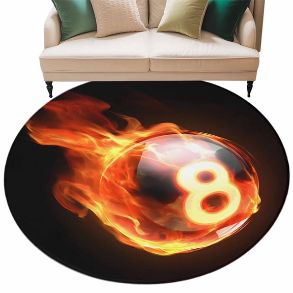 Flame Billiards Washable Area Rug&nbsp;5 ft Sports Black Background Abstract Art Soft Round&nbsp;Rugs for Living Room, Non Slip Carpet for Bedroom&nbsp;Entryway Dining Room