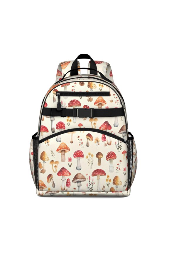 Red Mushroom Floral Light Beige Pattern Backpack for School,Cute School Bag,Schoolbag with Adjustable Shoulder Straps & Padded Back,15.25"x11.5"x5.25"