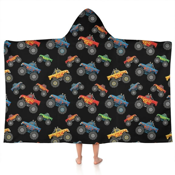 Flame Decorated Monster Trucks Pattern Hooded Bath Towel，50"x30" for Ages 3 To 12 Kids, Quick Dry Lightweight Soft Microfiber Hood Beach Towel Cover Up for Kids