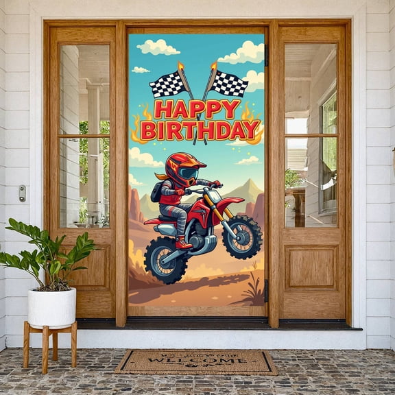Flame Design Banner Checkered Flag Motorcycle Birthday Display Racing Style Adventure Theme Moto Theme Background for Kids Birthday Party Boys Birthday Celebration Motorcycle Themed Event