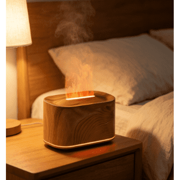 Flame Effect Aroma Diffuser, Wood Grain Essential Oil Humidifier with Colorful Lights, 2-in-1 Desktop Scent Diffuser for Home Bedroom Office
