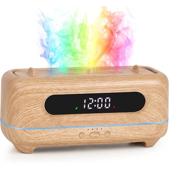 Flame Effect Aromatherapy Diffuser with Alarm Clock 250ml Ultrasonic Essential Oil Humidifier 4-Speed Timer 7-Color Dimming and Auto-Shutdown Home Fragrance (Wood Grain)