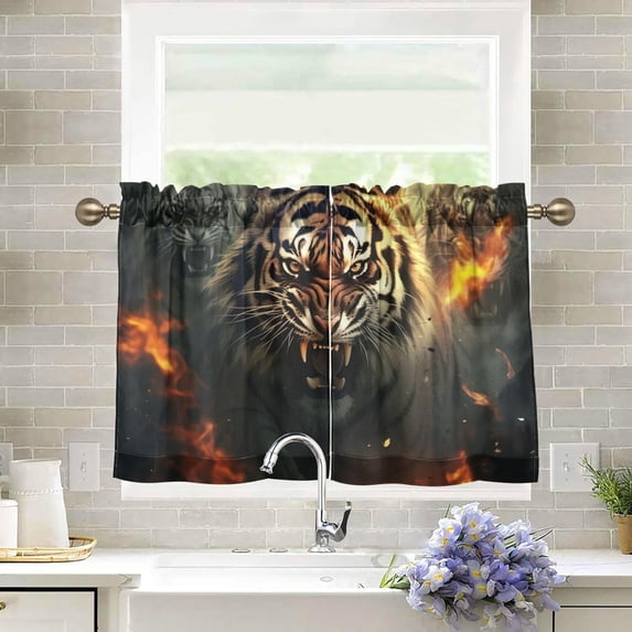 Flame Fierce Tiger Half Window Tier Curtains 24 Inch Blackout Thermal Insulating Kitchen Linen Tier Curtains for Kitchen, Bathroom, Cafe Home Decor