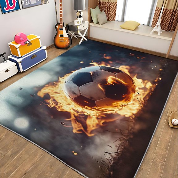 Flame Football Area Rugs, Sports Fire Carpet, Washable Non Slip Low Pile Soft Rug for Living Room Bedroom Office Home Decor Mat 5x8ft