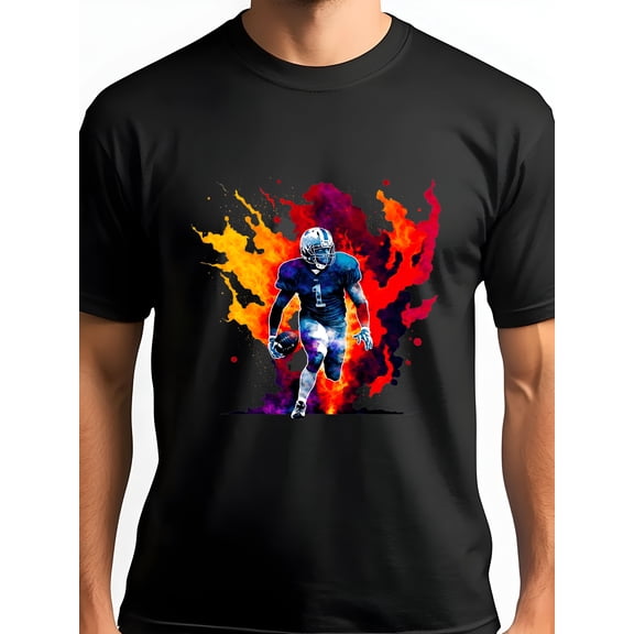 Flame Football Player Men's Short Sleeve Graphic T-Shirt 1 Pcs Tee 100% Heavy Cotton - Comfortable Crew Neck, Soft Tees Casual Tops