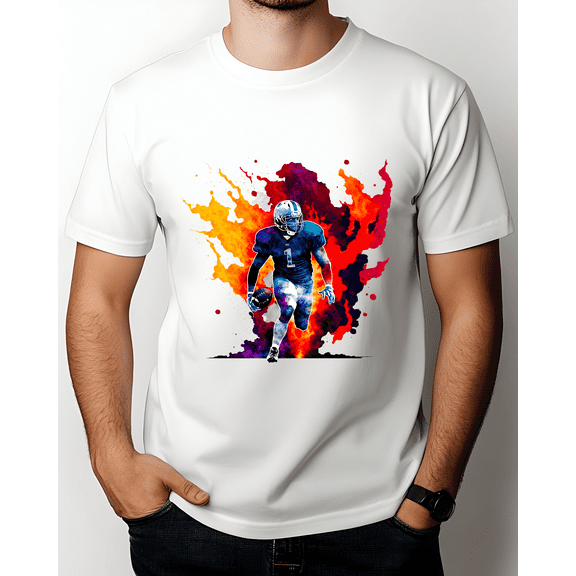 Flame Football Player Men's Short Sleeve Graphic T-Shirt 1 Pcs Tee 100% Heavy Cotton - Comfortable Crew Neck, Soft Tees Casual Tops