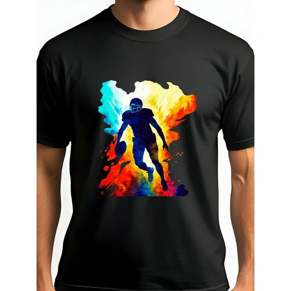 Flame Football Player Men's Short Sleeve Graphic T-Shirt 1 Pcs Tee 100% Heavy Cotton - Comfortable Crew Neck, Soft Tees Casual Tops