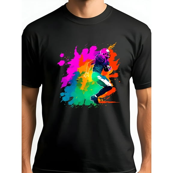 Flame Football Player Men's Short Sleeve Graphic T-Shirt 1 Pcs Tee 100% Heavy Cotton - Comfortable Crew Neck, Soft Tees Casual Tops